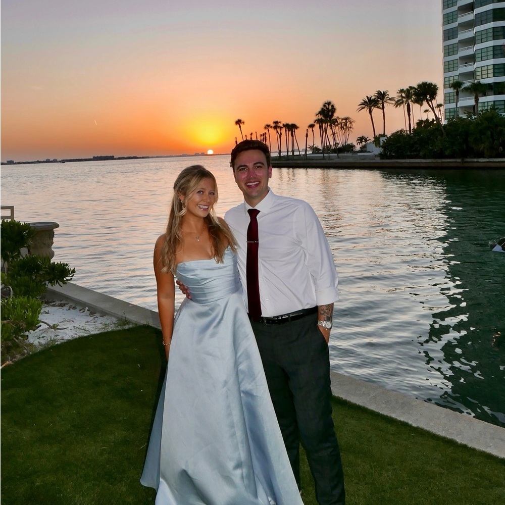 Dessy Collection Satin Twill Mist Elegant Light Blue Evening Gown